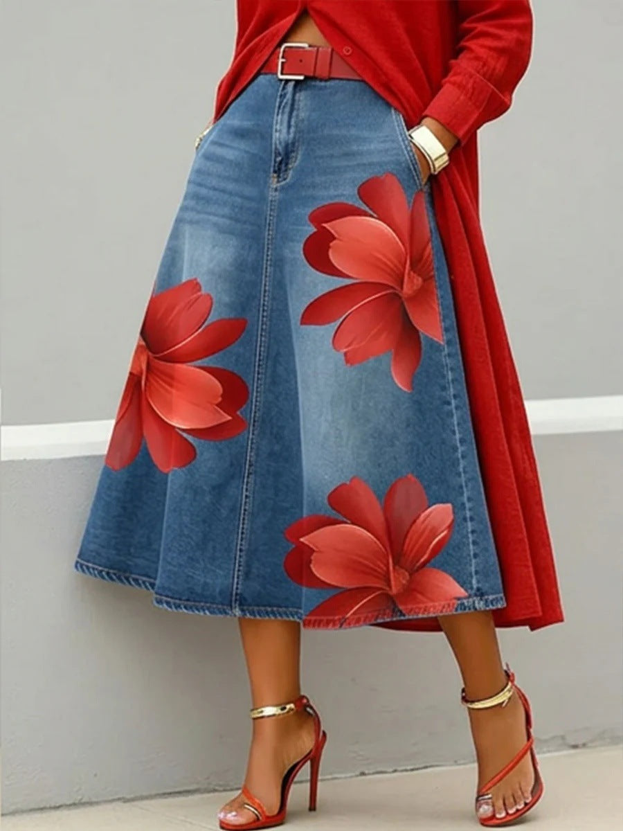 Women's Vintage Floral Print Casual Mid Length Skirt